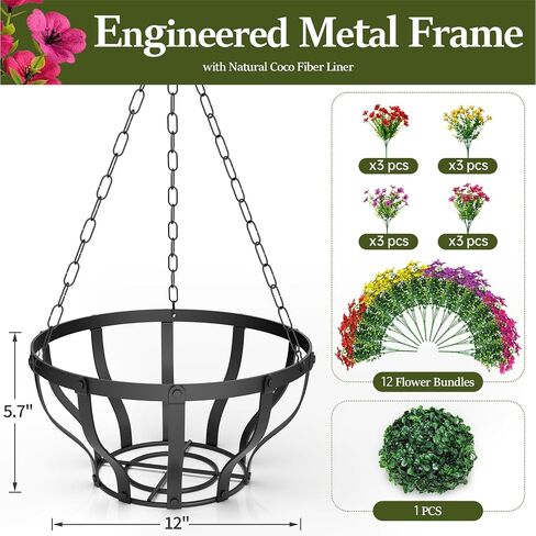 VOXOR Artificial Hanging Flowers with Hanging Baskets for Outdoors, 12 Inch Metal Hanging Planter with 12 Bundles UV Resistant Fake Flowers, Faux Hanging Plants for Porch Patio Garden Balcony Decor in Saudi Arabia