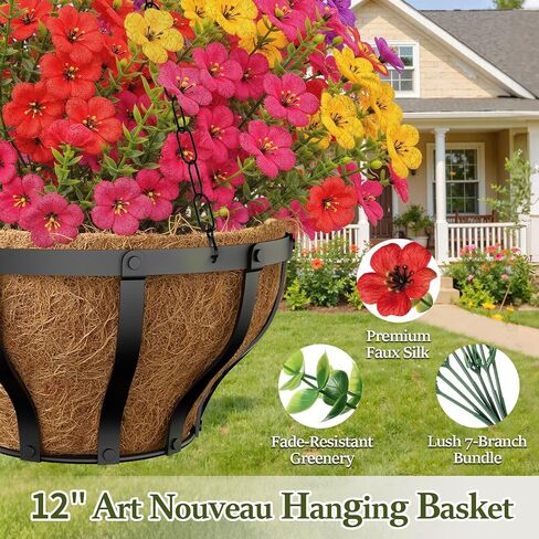VOXOR Artificial Hanging Flowers with Hanging Baskets for Outdoors, 12 Inch Metal Hanging Planter with 12 Bundles UV Resistant Fake Flowers, Faux Hanging Plants for Porch Patio Garden Balcony Decor in Saudi Arabia