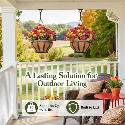 VOXOR Artificial Hanging Flowers with Hanging Baskets for Outdoors, 12 Inch Metal Hanging Planter with 12 Bundles UV Resistant Fake Flowers, Faux Hanging Plants for Porch Patio Garden Balcony Decor in Saudi Arabia