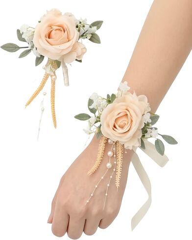 Champagne Rose Corsage and Boutonniere, Prom Wrist Corsages and Boutonniere Set for Men Women Party, Wedding Boutonnieres and Corsage Wristlet Kit for Groom Groomsmen Bride Bridesmaid in Saudi Arabia