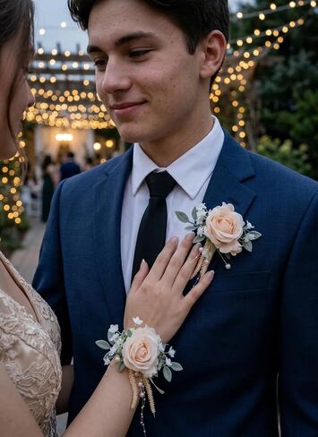 Champagne Rose Corsage and Boutonniere, Prom Wrist Corsages and Boutonniere Set for Men Women Party, Wedding Boutonnieres and Corsage Wristlet Kit for Groom Groomsmen Bride Bridesmaid in Saudi Arabia