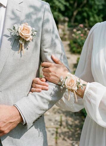 Champagne Rose Corsage and Boutonniere, Prom Wrist Corsages and Boutonniere Set for Men Women Party, Wedding Boutonnieres and Corsage Wristlet Kit for Groom Groomsmen Bride Bridesmaid in Saudi Arabia