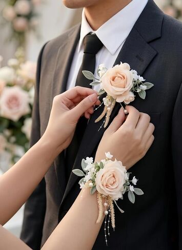 Champagne Rose Corsage and Boutonniere, Prom Wrist Corsages and Boutonniere Set for Men Women Party, Wedding Boutonnieres and Corsage Wristlet Kit for Groom Groomsmen Bride Bridesmaid in Saudi Arabia
