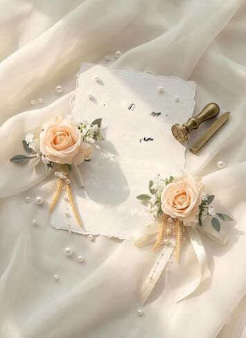 Champagne Rose Corsage and Boutonniere, Prom Wrist Corsages and Boutonniere Set for Men Women Party, Wedding Boutonnieres and Corsage Wristlet Kit for Groom Groomsmen Bride Bridesmaid in Saudi Arabia