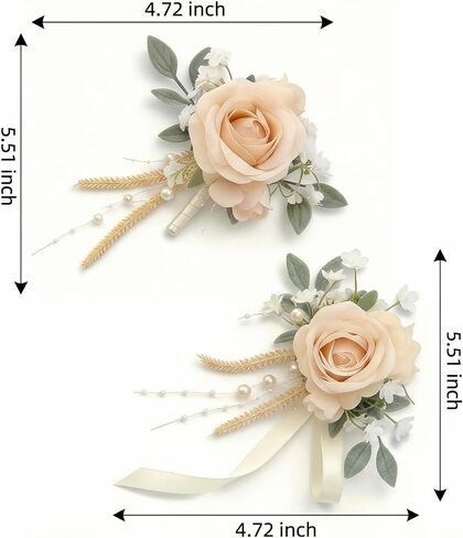 Champagne Rose Corsage and Boutonniere, Prom Wrist Corsages and Boutonniere Set for Men Women Party, Wedding Boutonnieres and Corsage Wristlet Kit for Groom Groomsmen Bride Bridesmaid in Saudi Arabia