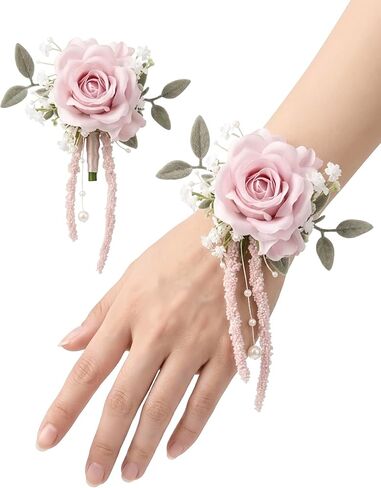 Champagne Rose Corsage and Boutonniere, Prom Wrist Corsages and Boutonniere Set for Men Women Party, Wedding Boutonnieres and Corsage Wristlet Kit for Groom Groomsmen Bride Bridesmaid in Saudi Arabia