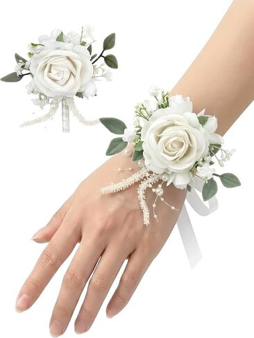 Champagne Rose Corsage and Boutonniere, Prom Wrist Corsages and Boutonniere Set for Men Women Party, Wedding Boutonnieres and Corsage Wristlet Kit for Groom Groomsmen Bride Bridesmaid in Saudi Arabia