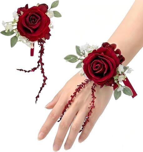 Champagne Rose Corsage and Boutonniere, Prom Wrist Corsages and Boutonniere Set for Men Women Party, Wedding Boutonnieres and Corsage Wristlet Kit for Groom Groomsmen Bride Bridesmaid in Saudi Arabia