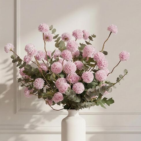 14pcs Faux Kiku Flowers for Vase,10 Long Stem Artificial Flowers with 4 Eucalyptus,Realistic Chrysanthemum Ball,Faux Floral for Home Table Centerpieces(Ivory White,No Vase) in Kuwait