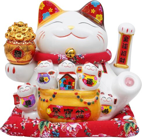 Nisorpa 11 "ذراع التلويح بالقطط المحظوظة من السيراميك، تمثال Maneki Neko Fortune Cat مع ذراع بلاستيكي متأرجح تلقائيًا، ديكور ثروة فنغ شوي الصيني للمنزل والمكتب هدية ديكور لحسن الحظ والازدهار in Kuwait