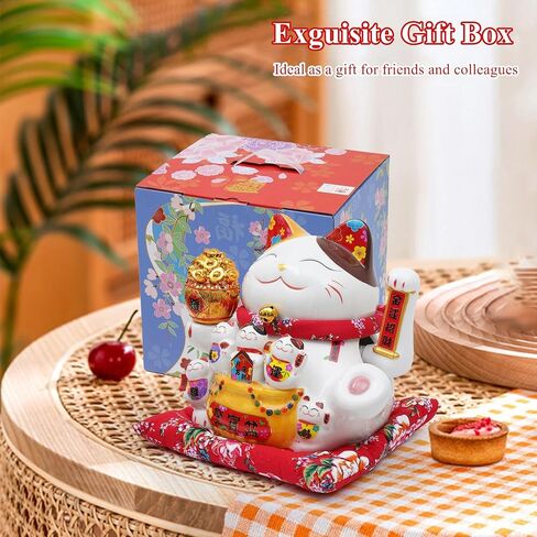 Nisorpa 11 "ذراع التلويح بالقطط المحظوظة من السيراميك، تمثال Maneki Neko Fortune Cat مع ذراع بلاستيكي متأرجح تلقائيًا، ديكور ثروة فنغ شوي الصيني للمنزل والمكتب هدية ديكور لحسن الحظ والازدهار in Kuwait