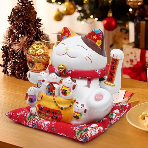 Nisorpa 11 "ذراع التلويح بالقطط المحظوظة من السيراميك، تمثال Maneki Neko Fortune Cat مع ذراع بلاستيكي متأرجح تلقائيًا، ديكور ثروة فنغ شوي الصيني للمنزل والمكتب هدية ديكور لحسن الحظ والازدهار in Kuwait