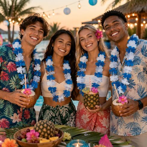 Fun Express Hawaiian Flower Leis Bulk 12 Pack - Party Favors for Adults & Kids | Tropical Luau Party Decorations & Supplies | Flower Necklace Lei for Graduation, Beach, Pool Party | Blue White in Kuwait