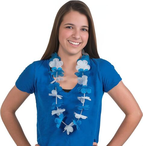 Fun Express Hawaiian Flower Leis Bulk 12 Pack - Party Favors for Adults & Kids | Tropical Luau Party Decorations & Supplies | Flower Necklace Lei for Graduation, Beach, Pool Party | Blue White in Kuwait