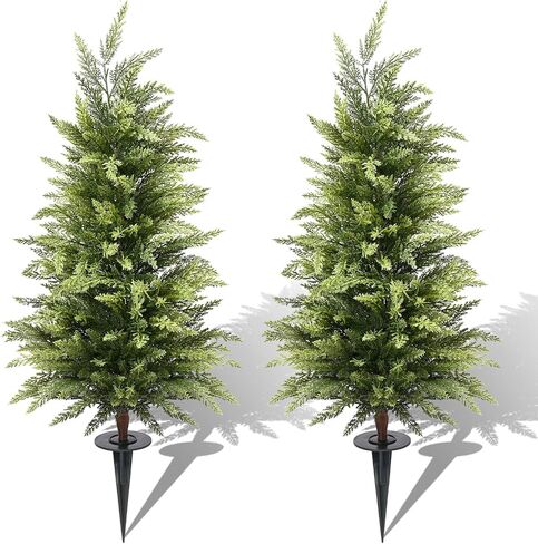 3FT Artificial Cedar Topiary Trees Set of 2, Real Touch & Dual-Tone Faux Cypress with Ground Spike, UV Resistant Realistic Fake Evergreen Shrubs for Indoor Outdoor Garden, Porch, Office Decor in Kuwait