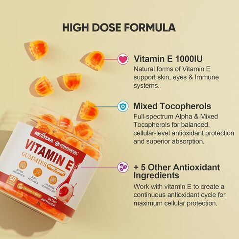 Liposomal Vitamin E Gummies 1000IU - Natural Forms of Vitamin E, with Mixed Tocopherols | 8-in-1 Antioxidant Formula with CoQ10, Omega-3, Vitamin C & Turmeric | for Skin, Eye, Immune & Brain, 1 PACK in Kuwait