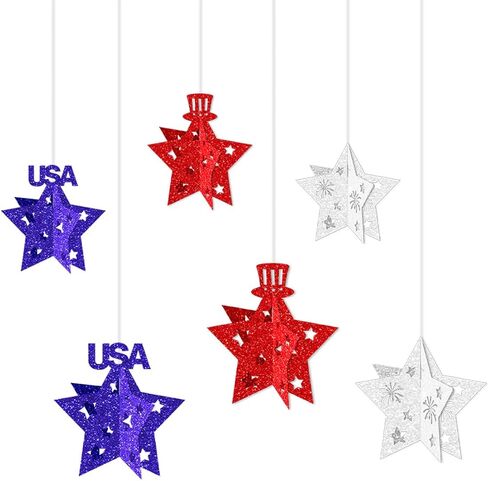 4th of July Patriotic Star Glitter Hanging Ornaments 3D Red White Blue, Hanging on Ceiling or Placing on Mantel, Table, Shelf, Independence Day Decor for Home, Party, Classroom, Office 12 Pack in Saudi Arabia