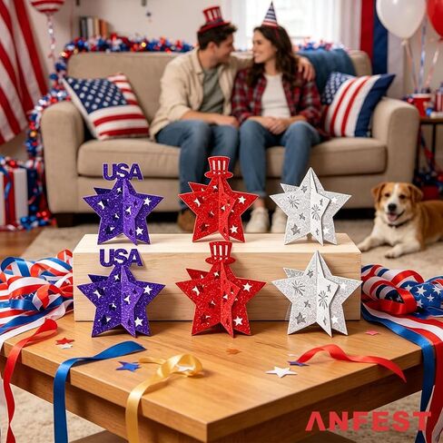 4th of July Patriotic Star Glitter Hanging Ornaments 3D Red White Blue, Hanging on Ceiling or Placing on Mantel, Table, Shelf, Independence Day Decor for Home, Party, Classroom, Office 12 Pack in Saudi Arabia