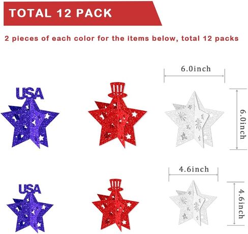 4th of July Patriotic Star Glitter Hanging Ornaments 3D Red White Blue, Hanging on Ceiling or Placing on Mantel, Table, Shelf, Independence Day Decor for Home, Party, Classroom, Office 12 Pack in Saudi Arabia