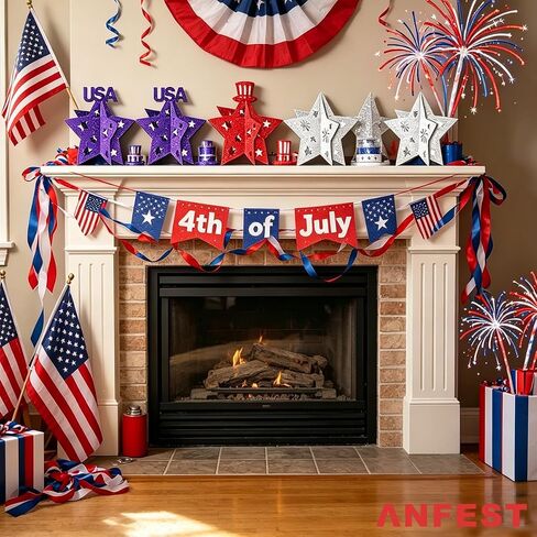 4th of July Patriotic Star Glitter Hanging Ornaments 3D Red White Blue, Hanging on Ceiling or Placing on Mantel, Table, Shelf, Independence Day Decor for Home, Party, Classroom, Office 12 Pack in Saudi Arabia