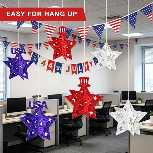 4th of July Patriotic Star Glitter Hanging Ornaments 3D Red White Blue, Hanging on Ceiling or Placing on Mantel, Table, Shelf, Independence Day Decor for Home, Party, Classroom, Office 12 Pack in Saudi Arabia