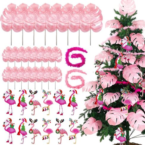 38 Pcs Christmas in July Flamingo Ornaments Summer Tropical Christmas Tree Decorations with Pink Monstera Palm Leaves and Plush Strip for Summer Hawaiian Beach Luau Aloha Birthday Party Supplies in Kuwait