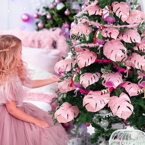 38 Pcs Christmas in July Flamingo Ornaments Summer Tropical Christmas Tree Decorations with Pink Monstera Palm Leaves and Plush Strip for Summer Hawaiian Beach Luau Aloha Birthday Party Supplies in Kuwait