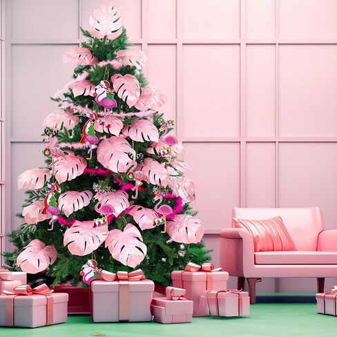 38 Pcs Christmas in July Flamingo Ornaments Summer Tropical Christmas Tree Decorations with Pink Monstera Palm Leaves and Plush Strip for Summer Hawaiian Beach Luau Aloha Birthday Party Supplies in Kuwait