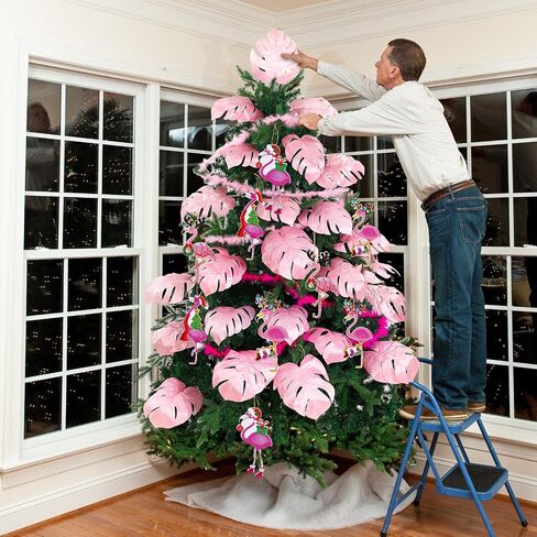38 Pcs Christmas in July Flamingo Ornaments Summer Tropical Christmas Tree Decorations with Pink Monstera Palm Leaves and Plush Strip for Summer Hawaiian Beach Luau Aloha Birthday Party Supplies in Kuwait