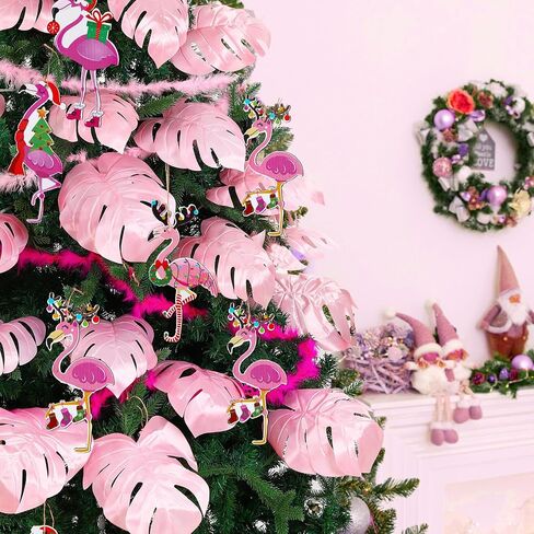 38 Pcs Christmas in July Flamingo Ornaments Summer Tropical Christmas Tree Decorations with Pink Monstera Palm Leaves and Plush Strip for Summer Hawaiian Beach Luau Aloha Birthday Party Supplies in Kuwait