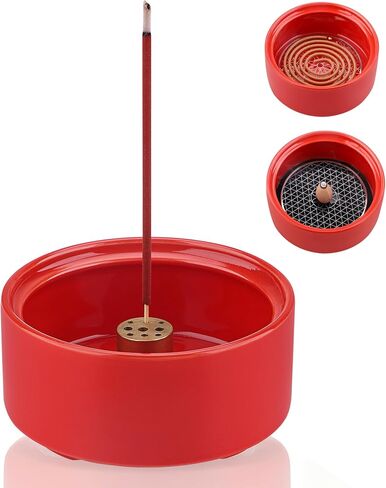 Ceramic Incense Burner Holder Set – 9 Hole Incense Stick Holder with Coil Incense Holder & Burner Tray – Multi-Function Censer for Cones, Coil Incense, and Stick Incense (Bright Red) in Saudi Arabia