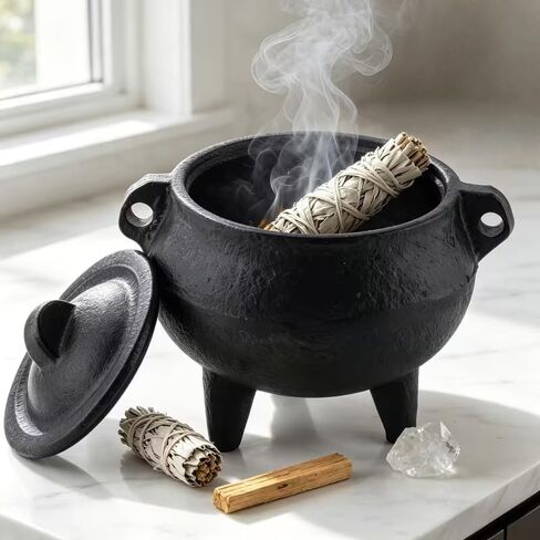 Cast Iron Cauldron Smudge Pot with Snuffer Lid, Three-Leg Burner for White Sage Palo Santo, Meditation Yoga, Black in Kuwait