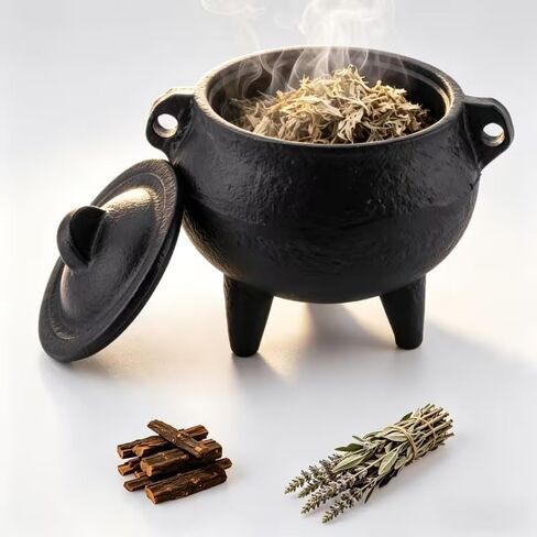 Cast Iron Cauldron Smudge Pot with Snuffer Lid, Three-Leg Burner for White Sage Palo Santo, Meditation Yoga, Black in Kuwait