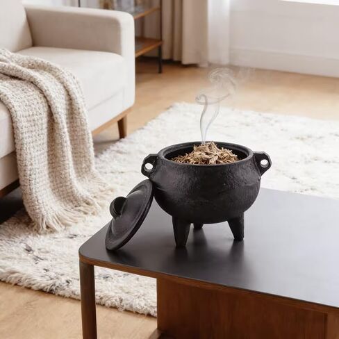 Cast Iron Cauldron Smudge Pot with Snuffer Lid, Three-Leg Burner for White Sage Palo Santo, Meditation Yoga, Black in Kuwait