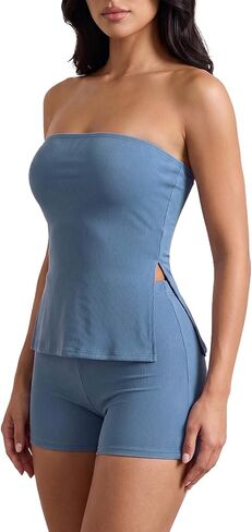 Narecte Women 2 Piece Outfit Strapless Tube Top and Shorts Set Ribbed Bodycon Matching Set Summer Lounge Workout in Saudi Arabia