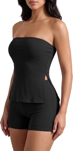 Narecte Women 2 Piece Outfit Strapless Tube Top and Shorts Set Ribbed Bodycon Matching Set Summer Lounge Workout in Saudi Arabia