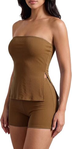 Narecte Women 2 Piece Outfit Strapless Tube Top and Shorts Set Ribbed Bodycon Matching Set Summer Lounge Workout in Saudi Arabia