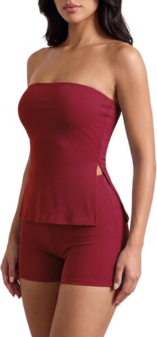 Narecte Women 2 Piece Outfit Strapless Tube Top and Shorts Set Ribbed Bodycon Matching Set Summer Lounge Workout in Saudi Arabia