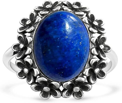 Sterling Silver Natural Stone Flower Ring,Retro Antique Vintage Oval Genuine Crystal Quartz Gemstone Floral Boho Bohemian Statement Ring for Women in Saudi Arabia