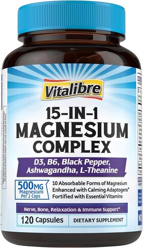 Vitalibre Magnesium Complex Supplement 15 in 1, Magnesium Glycinate, Malate, Taurate and More, with Ashwagandha, L-Theanine, Vitamin D3 & B6, Relaxation, Bone, Nerve Support, 120 Capsules in Kuwait