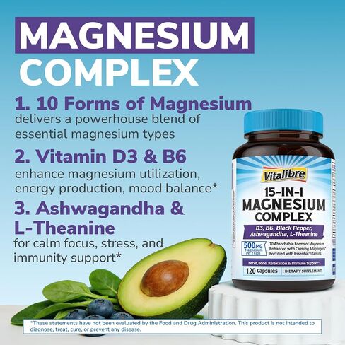 Vitalibre Magnesium Complex Supplement 15 in 1, Magnesium Glycinate, Malate, Taurate and More, with Ashwagandha, L-Theanine, Vitamin D3 & B6, Relaxation, Bone, Nerve Support, 120 Capsules in Kuwait