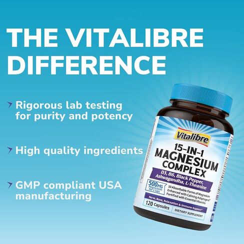 Vitalibre Magnesium Complex Supplement 15 in 1, Magnesium Glycinate, Malate, Taurate and More, with Ashwagandha, L-Theanine, Vitamin D3 & B6, Relaxation, Bone, Nerve Support, 120 Capsules in Kuwait