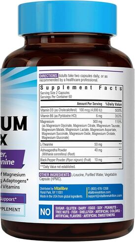 Vitalibre Magnesium Complex Supplement 15 in 1, Magnesium Glycinate, Malate, Taurate and More, with Ashwagandha, L-Theanine, Vitamin D3 & B6, Relaxation, Bone, Nerve Support, 120 Capsules in Kuwait