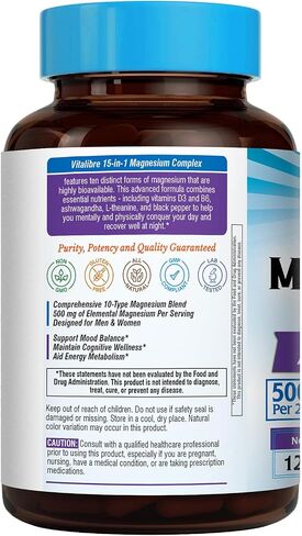 Vitalibre Magnesium Complex Supplement 15 in 1, Magnesium Glycinate, Malate, Taurate and More, with Ashwagandha, L-Theanine, Vitamin D3 & B6, Relaxation, Bone, Nerve Support, 120 Capsules in Kuwait