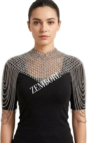 درع كتف Chainmail من العصور الوسطى - طوق رقبة مصنوع يدويًا من الألومنيوم مع سلاسل كتف منسدلة، درع فضي خفيف الوزن لأزياء LARP وSCA والحفلات التنكرية وأزياء عصر النهضة in Kuwait
