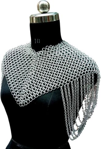 درع كتف Chainmail من العصور الوسطى - طوق رقبة مصنوع يدويًا من الألومنيوم مع سلاسل كتف منسدلة، درع فضي خفيف الوزن لأزياء LARP وSCA والحفلات التنكرية وأزياء عصر النهضة in Kuwait