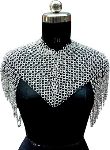 درع كتف Chainmail من العصور الوسطى - طوق رقبة مصنوع يدويًا من الألومنيوم مع سلاسل كتف منسدلة، درع فضي خفيف الوزن لأزياء LARP وSCA والحفلات التنكرية وأزياء عصر النهضة in Kuwait