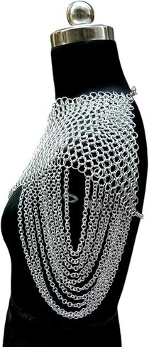 درع كتف Chainmail من العصور الوسطى - طوق رقبة مصنوع يدويًا من الألومنيوم مع سلاسل كتف منسدلة، درع فضي خفيف الوزن لأزياء LARP وSCA والحفلات التنكرية وأزياء عصر النهضة in Kuwait