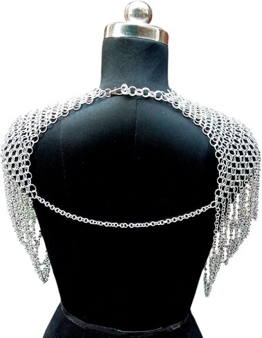 درع كتف Chainmail من العصور الوسطى - طوق رقبة مصنوع يدويًا من الألومنيوم مع سلاسل كتف منسدلة، درع فضي خفيف الوزن لأزياء LARP وSCA والحفلات التنكرية وأزياء عصر النهضة in Kuwait