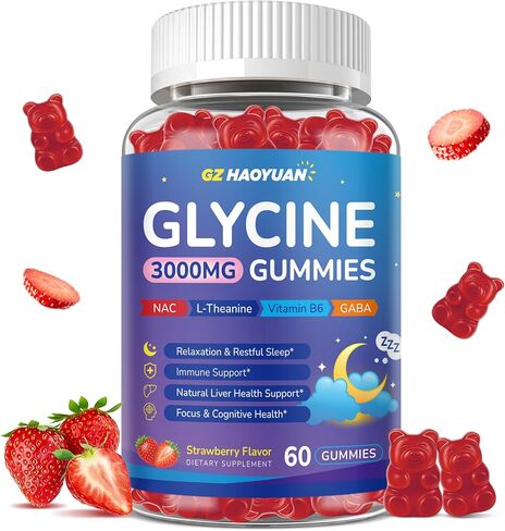 Glycine Gummies, Glycine 3g Supplements with NAC, L-Theanine, GABA, for Sleep, Relax, Nerve & Brain Support, Sugar Free, Vegan, Strawberr Flavor, 60 Cts in Saudi Arabia